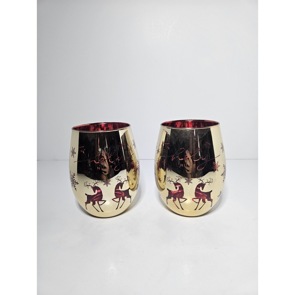 Christmas Wine Glasses Gold Metallic Red Interior Set of 2 O Holy Night
